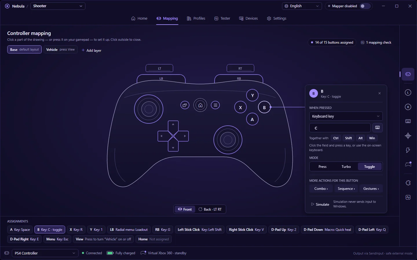 Nebula's mapping screen: a drawing of a controller with every button assigned, and a panel open for the B button.