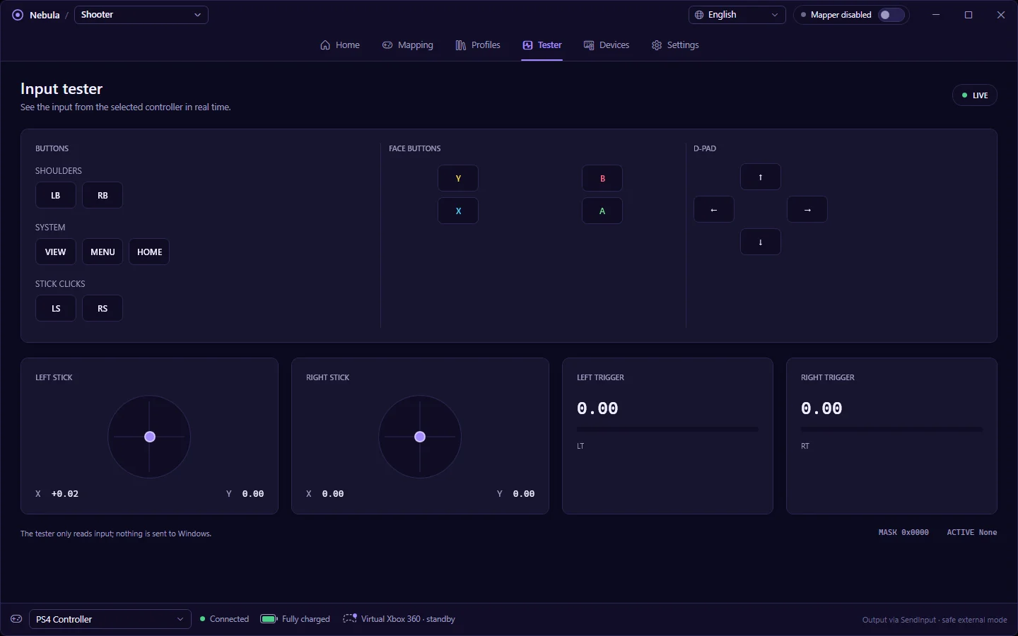 The Input tester showing buttons, sticks and triggers of a connected PS4 controller.