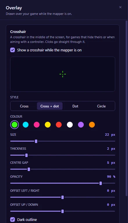 Crosshair settings with a preview: cross and dot, green, 22 pixels.