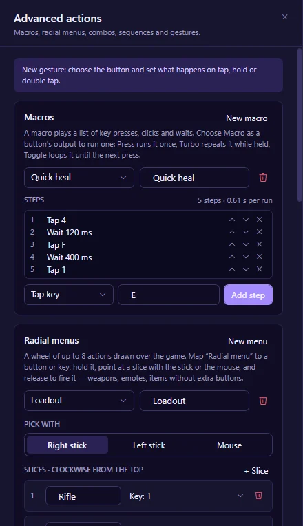 The macro editor with a five-step macro, Quick heal, and the radial menu editor below it.