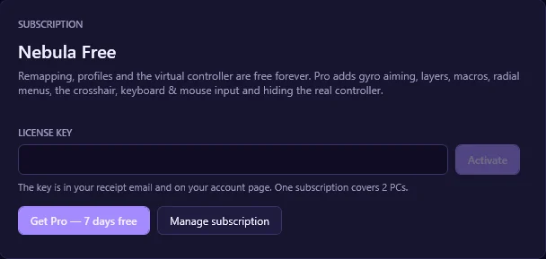Nebula's Settings → Subscription card: Nebula Free, a license key field with an Activate button, and Get Pro and Manage subscription buttons.