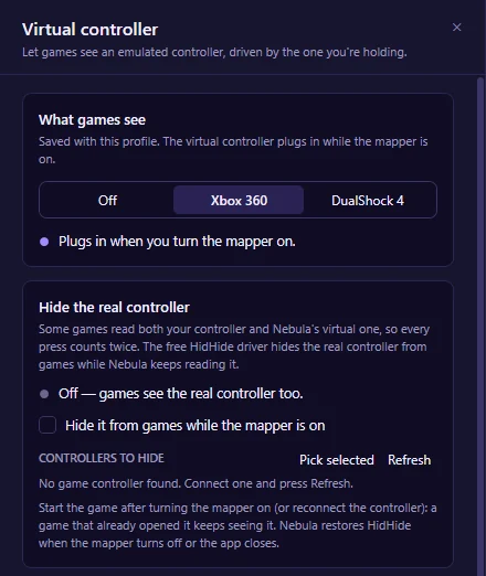 The virtual controller panel with Xbox 360 selected.